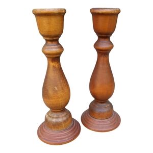 Vintage 7 1/2" wood medium brown candle stick holders pair